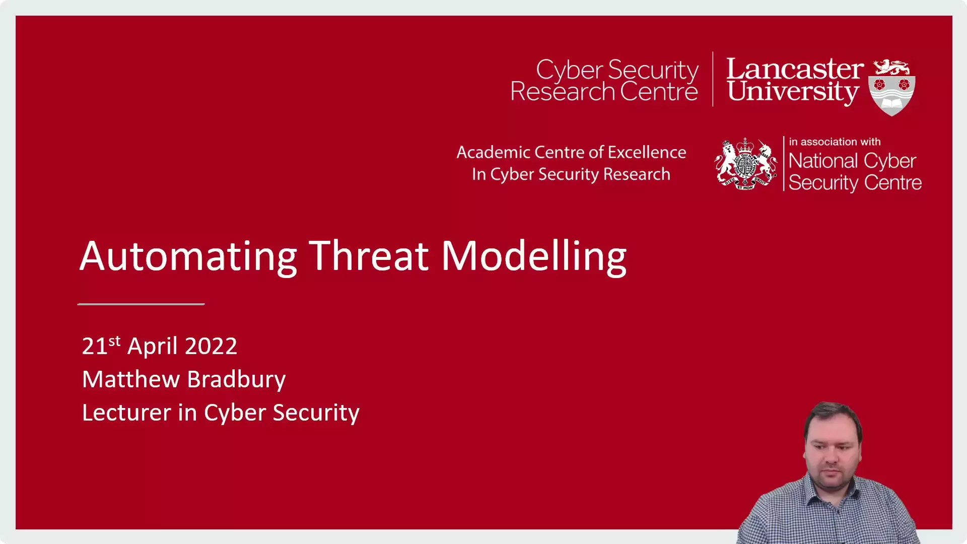 Matthew Bradbury presenting the first slide of the presentation with the title Automating Threat Modelling