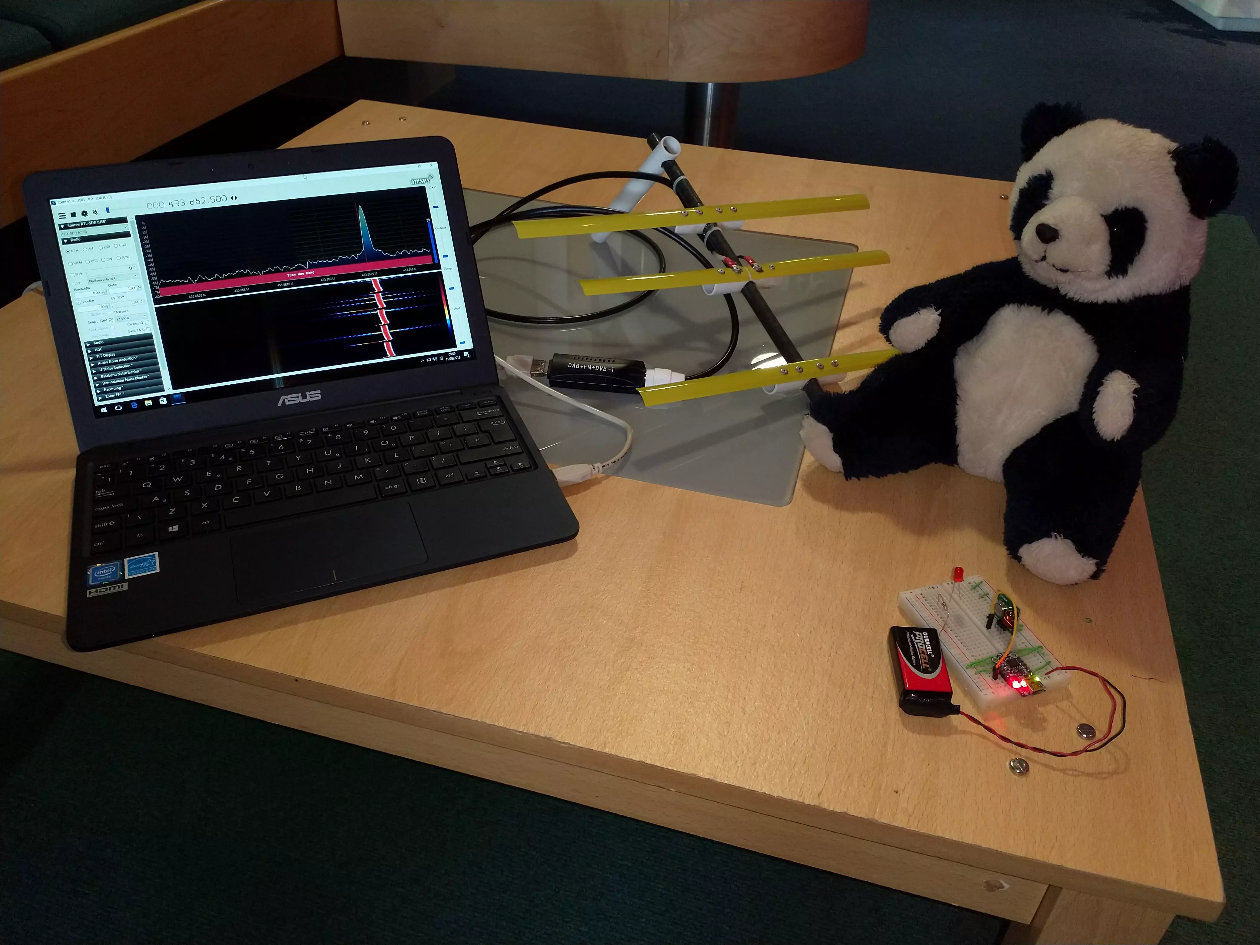 A directional antenna connected to a laptop showing signals from a transmitter next to a toy panda